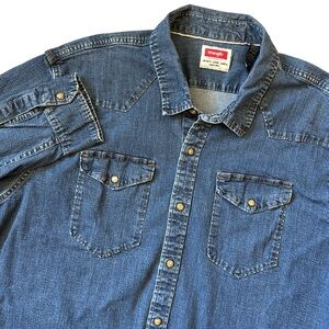 Wrangler Blue Denim Pearl Snap Button Long Sleeve Shirt Western Cowboy Size 3XL